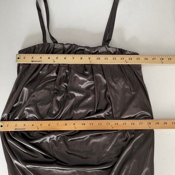 Poleci Women's Draped Matte Satin Mini Slip Dress Sz M Dark Brown Straps Slinky - Picture 8 of 10